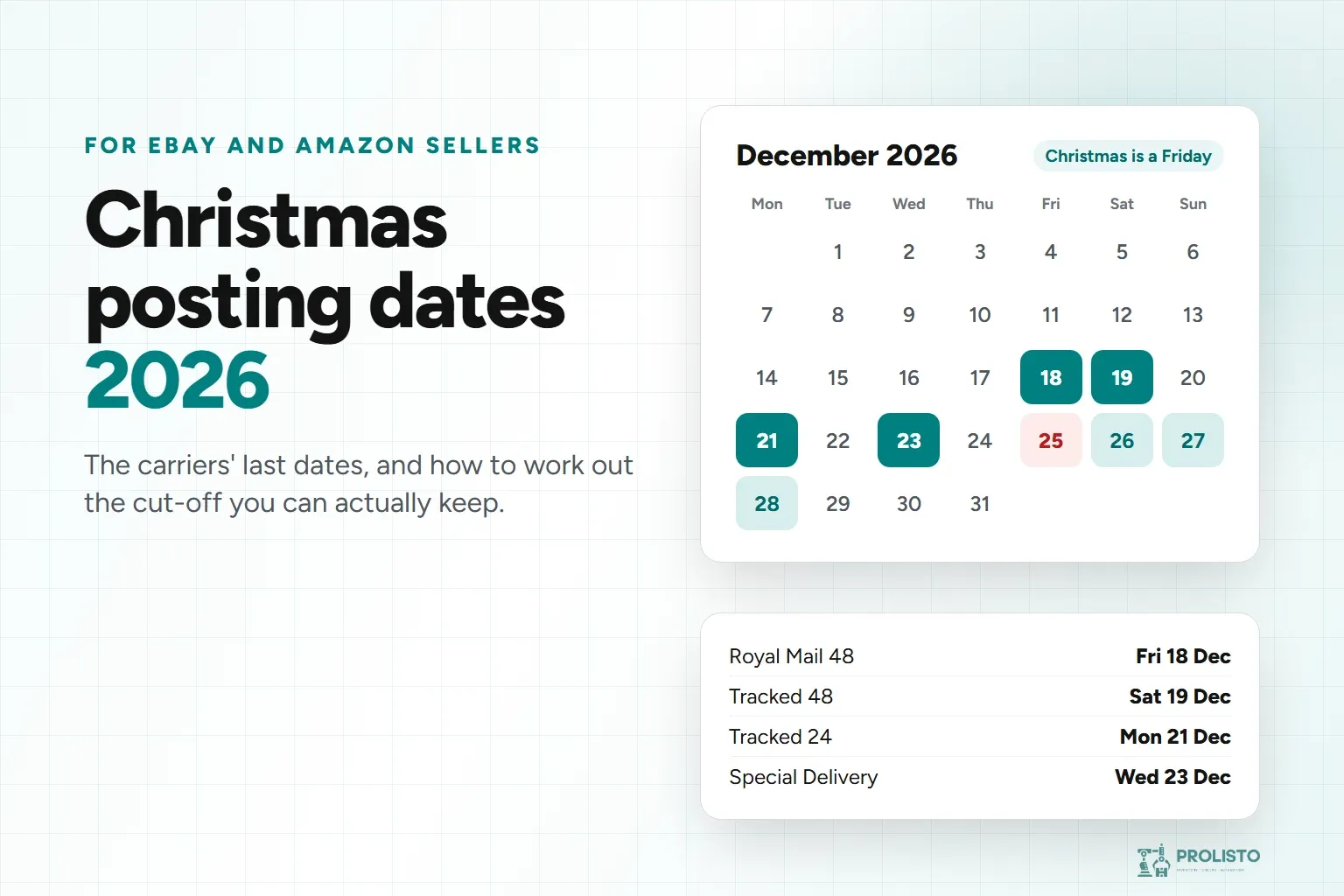 Calendar for December 2026 with the last Christmas posting dates for Royal Mail services marked