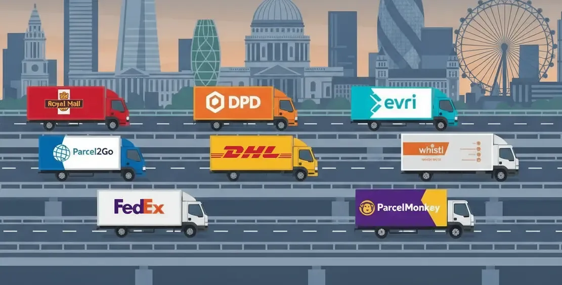 image showing shipping companies for businesses in UK delivery trucks shown running on UK roads