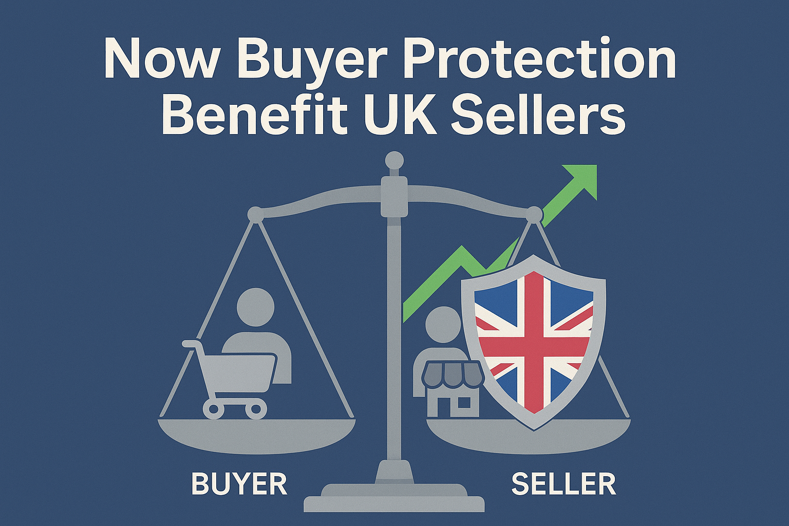 Image showing how eBay buyer protection fee UK helps UK seller on a weighing scale.