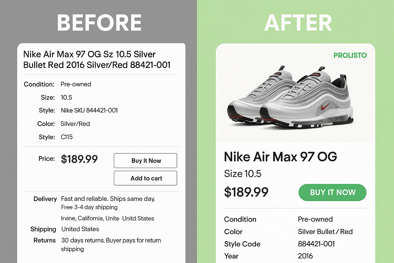 image showing template for ebay listing and the before and after effects