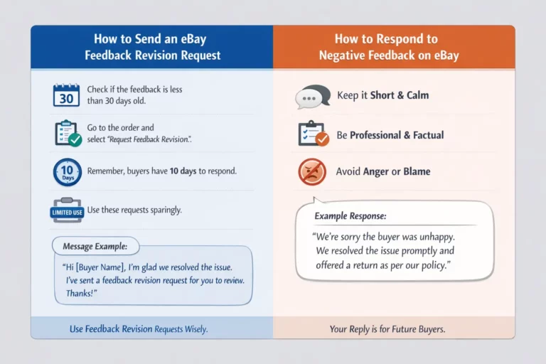 An infographics showing steps for how to respond to negative feedback on eBay