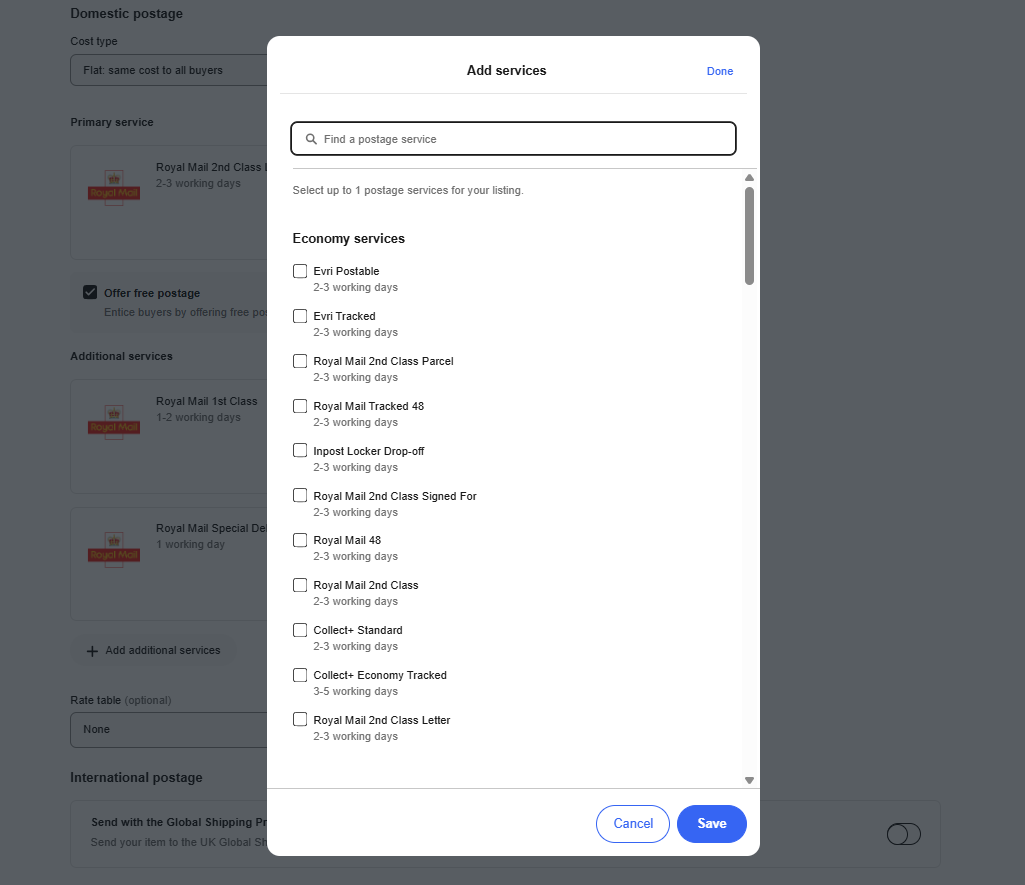 image showing eBay shipping policies, and types of fulfillment services