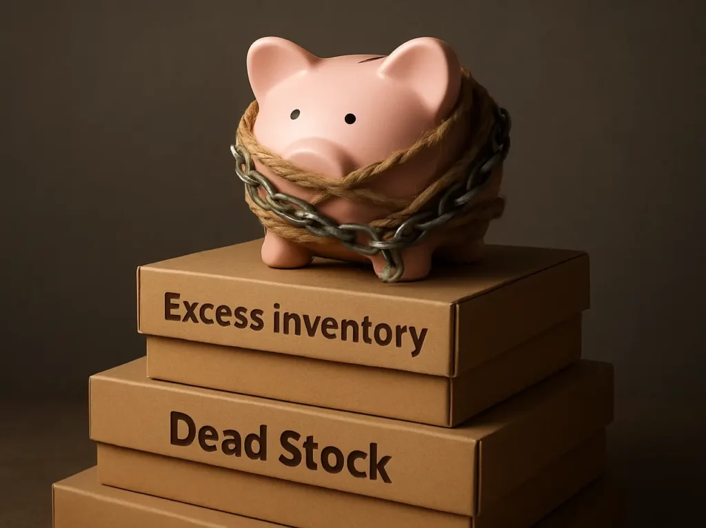 An image showing boxes and piggy bank representing how to get rid of dead stock and turn it into cash