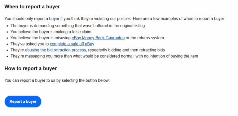 image showing ebay screenshot of When Should You Report a Buyer?