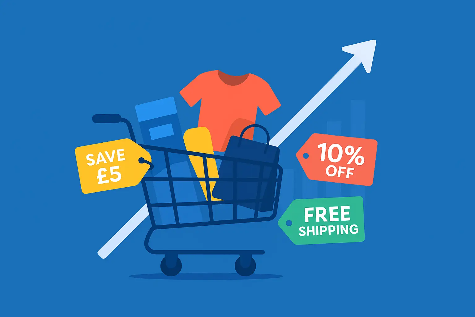 Image showing discount free shipping and a cart full of products to describe the increase eBay order value