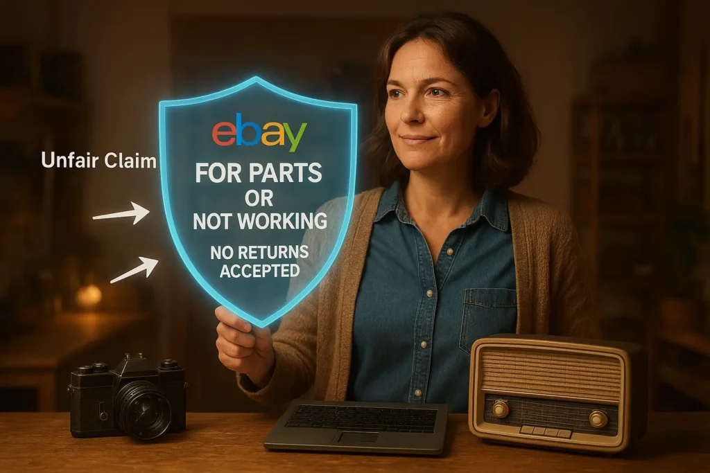 An image displaying shield for ebay items against unfair claims for as is on ebay thus empowering the ebay seller protection.