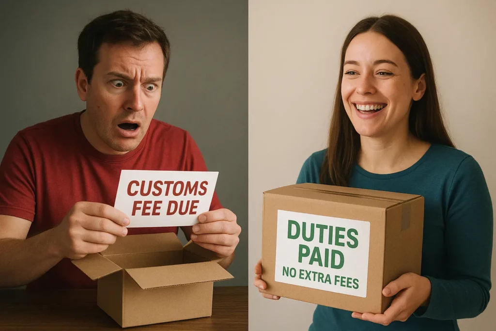 image showing man worried for US customs duties and a women on other side happy with Royal mail Pddp