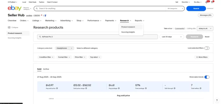 Screenshot of product research tool for eBay SEO