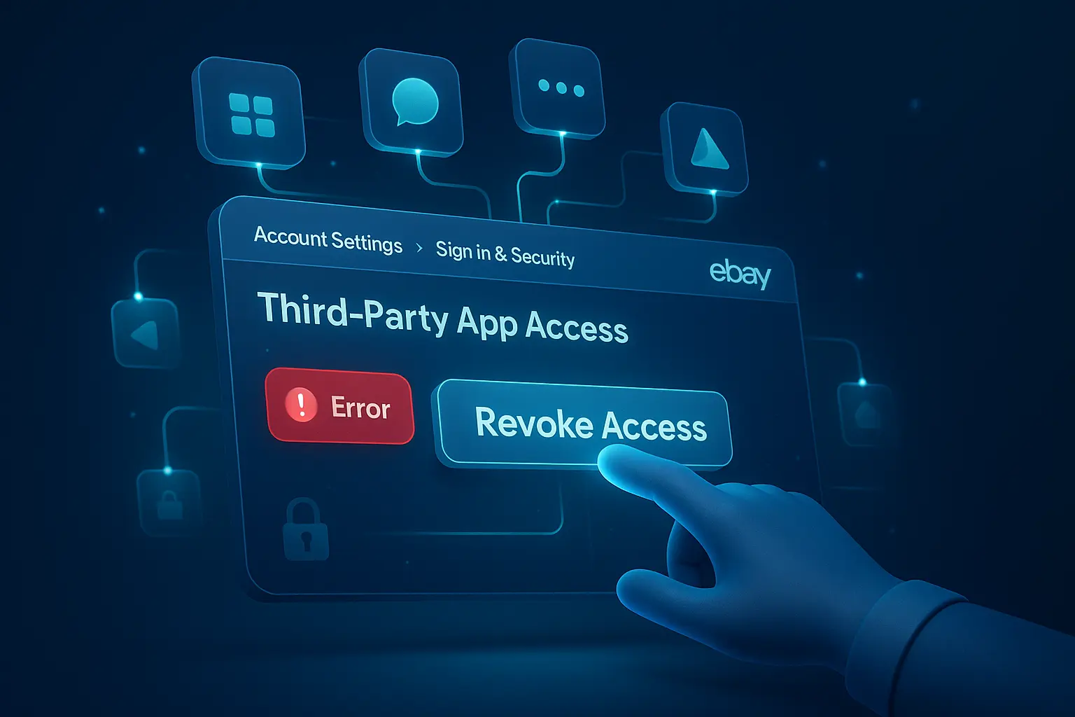 Illustration showing how to revoke third-party authorizations on eBay with a glowing Revoke Access button and error alert