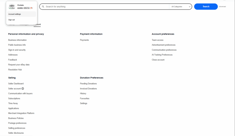 Screenshot of the eBay Account Settings page showing where to access Sign-in and Security options to manage third-party app authorizations.