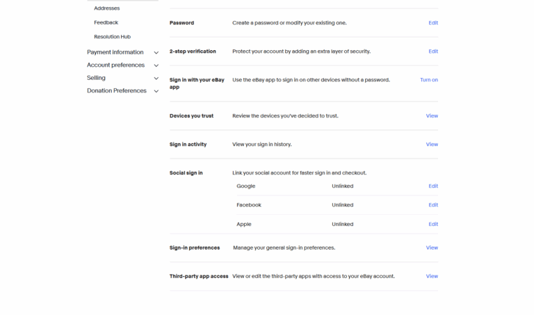 Screenshot of eBay Sign-in and Security page highlighting the 2-step verification option for stronger account protection.