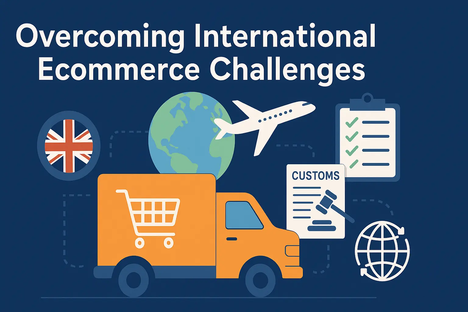 An image showing all the aspects like customs, shipping associated with how to overcome international ecommerce challenges