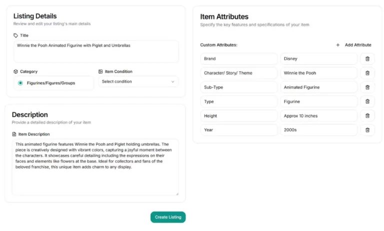 snapshot showing prolisto page with description to be included for listing