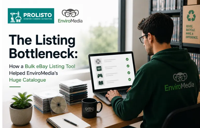 An image showing an enviromedia professional using bulk eBay listing tool prolisto.