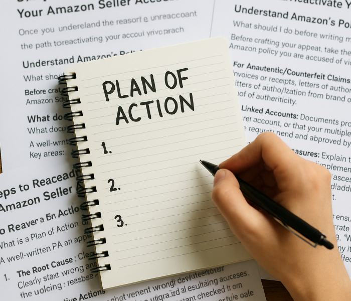 A note pad showing plan of action for the reinstatement of the deactivated amazon account
